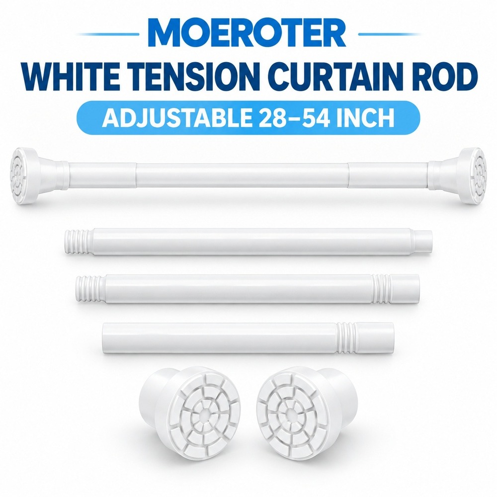 Moeroter White Tension Curtain Rod Adjustable 28-54 Inch 7/8" Diameter 22lb Load